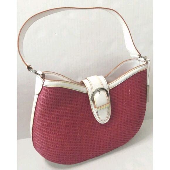 Elliott Lucca Handbags - Pink Wicker Handbag Rattan White Leather Handle Buckle Elliott Lucca Colorful